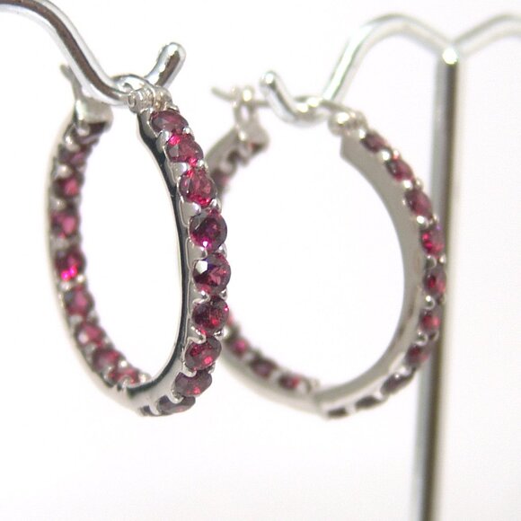 Sterling Silver Rhodolite Garnet Hoop Earrings 1 Inch Rhodium Anti Tarnish - Picture 2 of 8